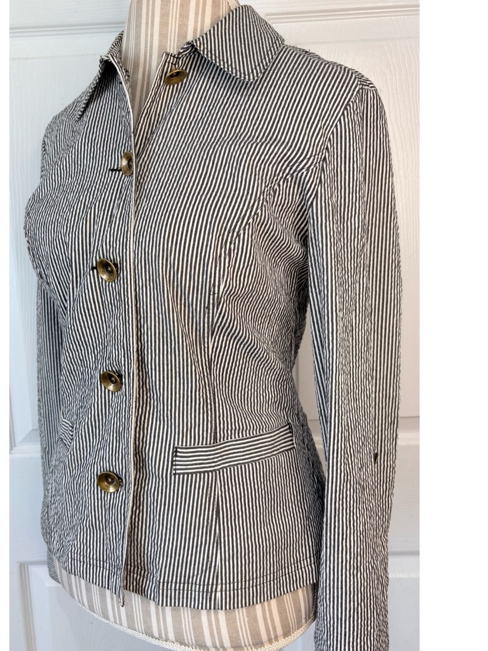 Vintage Striped Seersucker Train Conductor Jacket Tab Sleeves Brass Buttons~MED